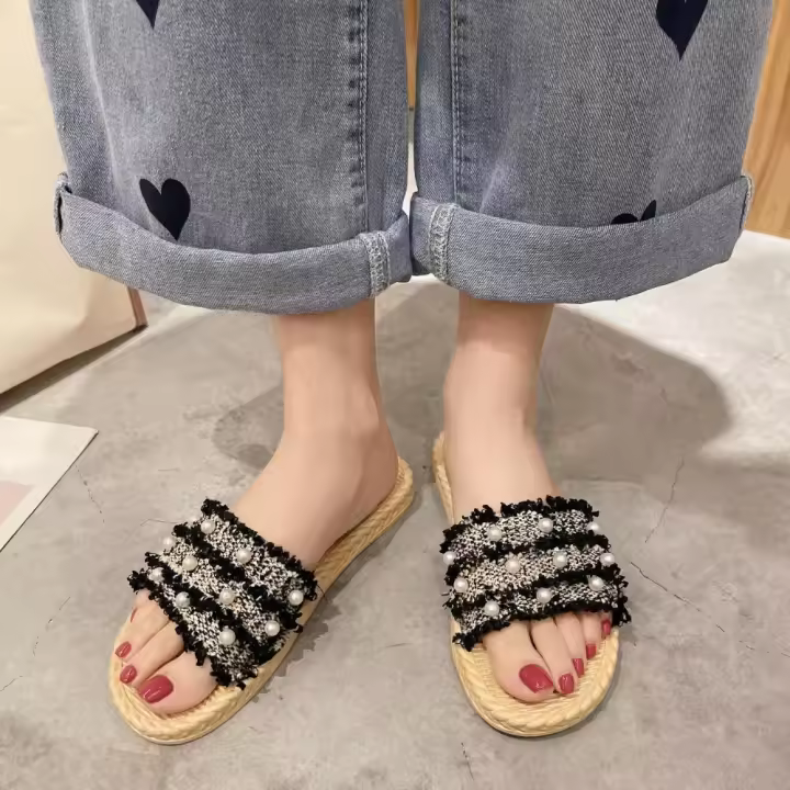 Zapatillas de Viaje de Lino Tejido de Paja Zapatos de Verano de Tacón Plano Antideslizante para Mujeres - 1