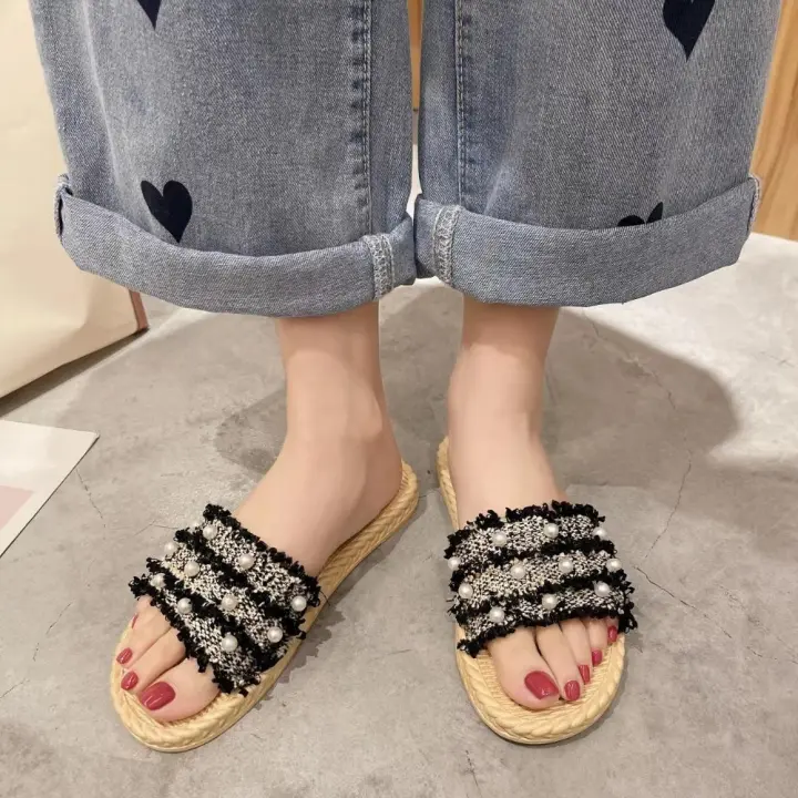 Zapatillas de Viaje de Lino Tejido de Paja Zapatos de Verano de Tacón Plano Antideslizante para Mujeres - 1