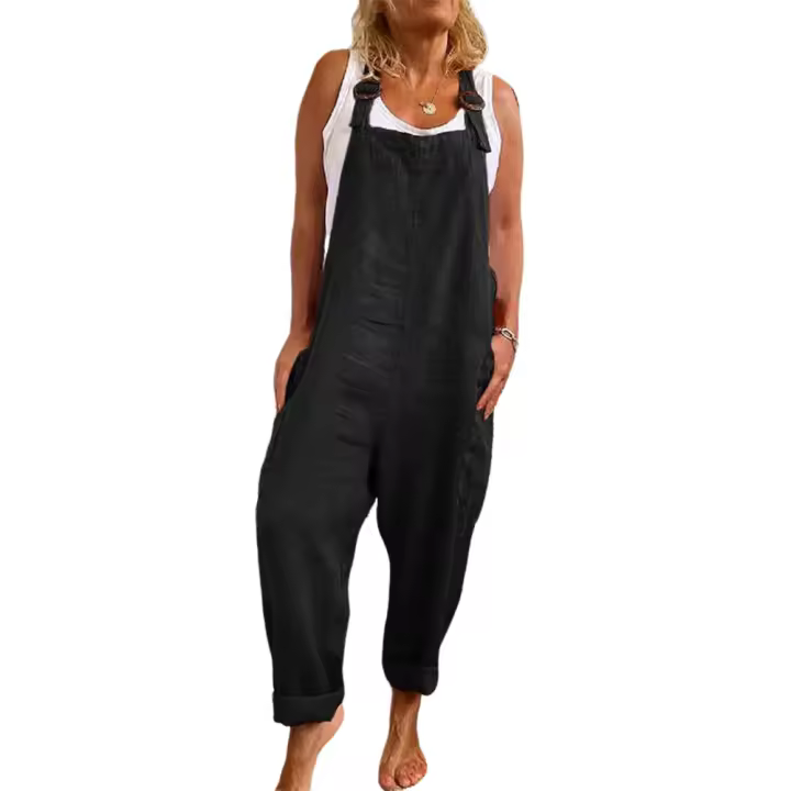Mono de mezcla de algodón para mujer, Peto liso informal de verano, pantalones de pierna ancha de gran tamaño, ropa de calle - 1