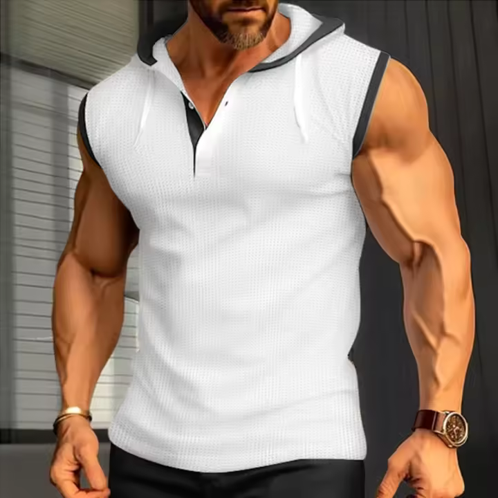 Camiseta de verano sin mangas para hombre, estilo retro, bonito, suelto, sencillo, informal, con botón en el cuello en V, chaleco elegante - 1
