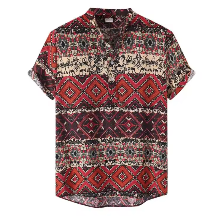 Camisa Echo de manga corta para hombre, blusa hawaiana con estampado informal, cuello vuelto, top con un botón - 1