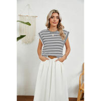 BUNO-2025 Tops para mujer, pantalón corto informal de moda de verano, camisetas básicas con textura a rayas de Color sólido y cuello redondo - details 64