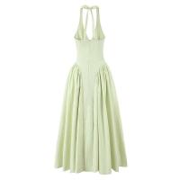 Vestido halter verde sin espalda para mujer, cintura baja, A-e Midi, vestidos de fiesta de noche de verano, bata de algodón - details 2