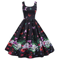 Women vintage spaghetti strap floral print high waist elegant sleeveless a-line party midi dress - details 1