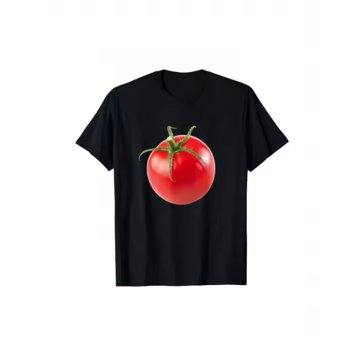 Camiseta de Tomato Fashion para hombre, talla grande, 100% algodón, negra con estampado gráfico de tomate rojo, corte regular, manga corta, cuello redondo, estilo urbano informal para adultos y adolescentes. - 1