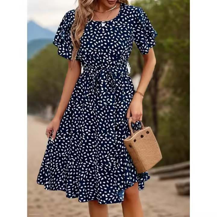 Nuevo vestido con cordones y manga corta abombada con cuello redondo y estampado de puntos - 1