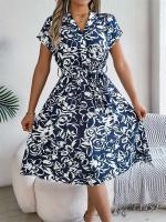 Msfilia Vestido de verano con cuello en V y cinturón plisado con estampado de moda para mujer - details 12