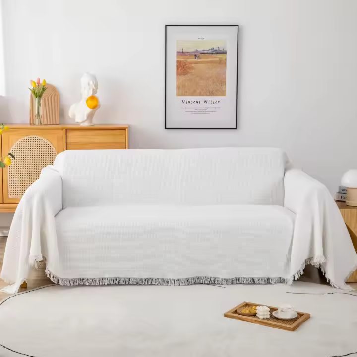 Funda de sofá de gofre grande de 3 plazas con flecos decorativos, ideal para sofá, silla y cama, de algodón para todas las estaciones, color gris, 180 x 300 cm - 1