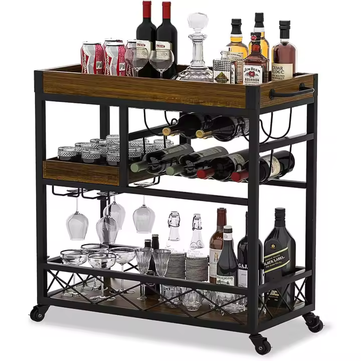 Carrito Bar de 3 Niveles con Plancha Extraíble y Ruedas Bloqueables Mueble Industrial para Bebidas con Botellero y Portavasos Estilo Retro de Madera (85 x 40 x 90 CM) - 1