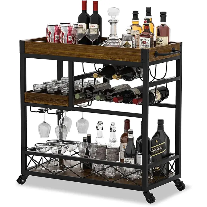 Carrito Bar de 3 Niveles con Plancha Extraíble y Ruedas Bloqueables Mueble Industrial para Bebidas con Botellero y Portavasos Estilo Retro de Madera (85 x 40 x 90 CM) - 1