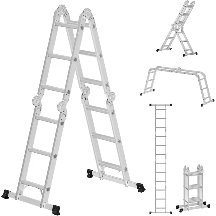 SONGMICS Escalera, Escalera Multiusos, Escalera de Tijera, Escalera de Aluminio, Escalera Doméstica, 4 x 3 Peldaños, hasta 150 kg, 12 Peldaños, Diseño 6 en 1, 326 cm de Largo, Plata GLT36M - 1