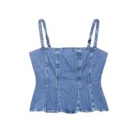 PB&ZA2025 chica atractiva, top vaquero ajustado con escote envolvente, cuello recto, hombros descubiertos, informal, versátil, para uso diario, novedad de verano, ropa de mujer - details 1
