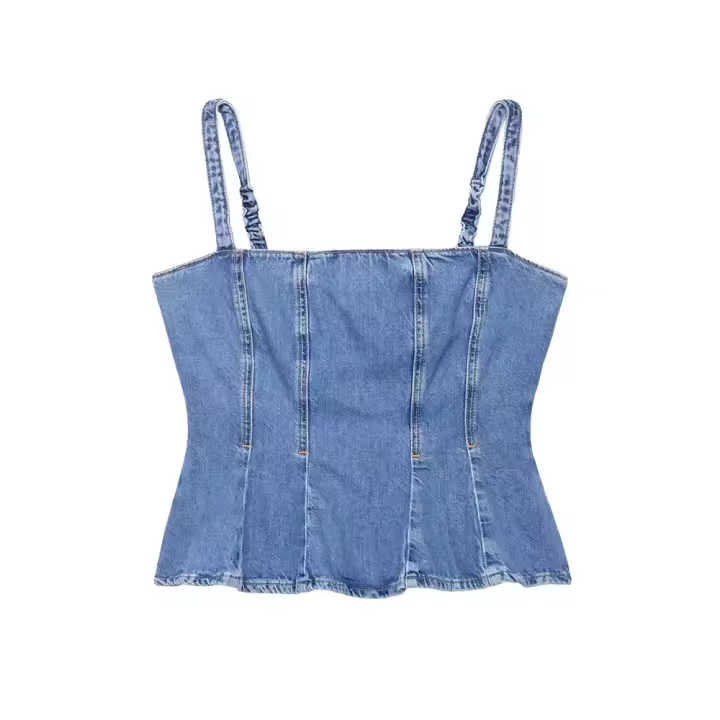 PB&ZA2025 chica atractiva, top vaquero ajustado con escote envolvente, cuello recto, hombros descubiertos, informal, versátil, para uso diario, novedad de verano, ropa de mujer - 1