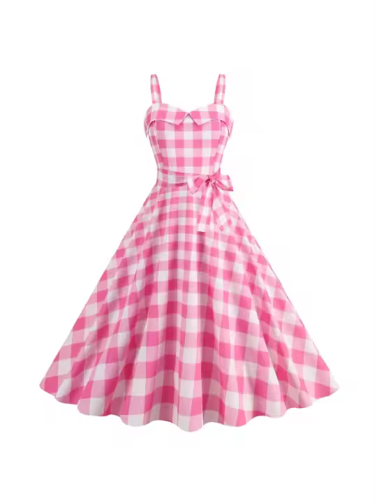 Vestido vintage rosa a cuadros de lunares para mujer - 1