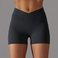 Pantalones cortos de yoga cruzados para mujer con bolsillos, leggings de entrenamiento para mujer, pantalones cortos de cintura alta, levantamiento de glúteos - details 7