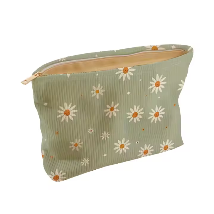 Bolso de maquillaje ligero y multifuncional de pana con estampado de margarita pequeña, cierre de cremallera, estilo casual. - 1