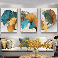 Lienzo de Pintura Moderna Nórdica en Azul y Oro con Hojas de Plantas y Ginkgo Abstracto para Decoración de Sala de Estar - details 0