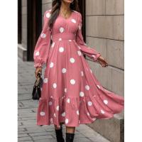 Moda femenina 2024 Primavera Vestido acampanado de manga larga con cuello en V y estampado de lunares - details 15