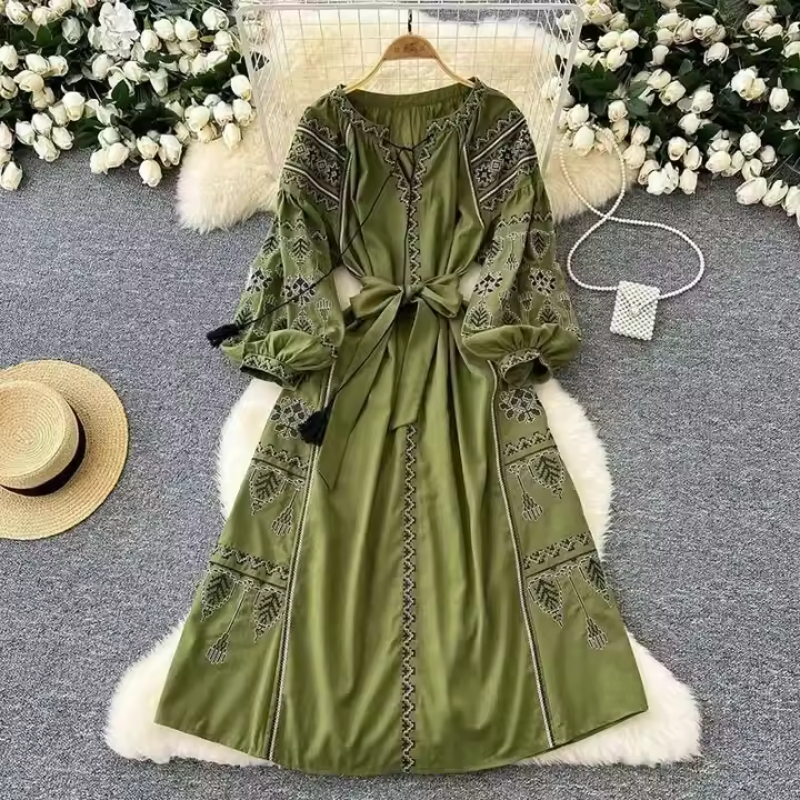 Vestido largo ceñido a la cintura con mangas abullonadas bordadas para primavera y otoño de estilo étnico bohemio para mujer A155 - 1