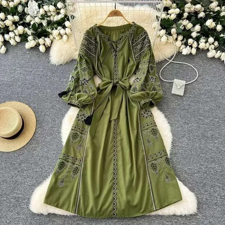 Vestido largo ceñido a la cintura con mangas abullonadas bordadas para primavera y otoño de estilo étnico bohemio para mujer A155 - 1