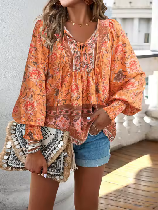 Blusa camisa floral rosa para mujer, top suelto de manga larga, ropa de calle, traje de oficina, ropa de mujer para otoño y primavera - 1