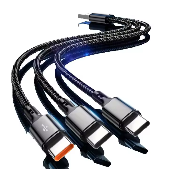 Cable de carga rápida 3 en 1 USB-A a 3 × tipo C 100W 6A para Samsung Galacy S24 S23 Xiaomi Redmi Huawei USB C transferencia de datos - 1