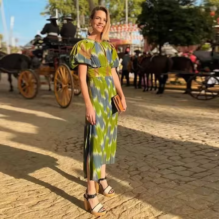 OUWU-Vestido midi con diseño sin espalda para mujer, elegante con estampado, cuello vuelto, mangas abullonadas, corte en A, novedad de verano 2024 - 1