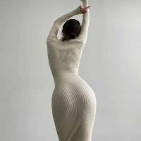 Elegante Vestido Bodycon de Moda Otoñal de Cuello Alto Manga Larga Color Sólido - details 4