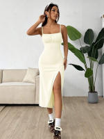 Vestido de estilo simple de mujer cintura alta tirantes delgados falda media y larga - details 6