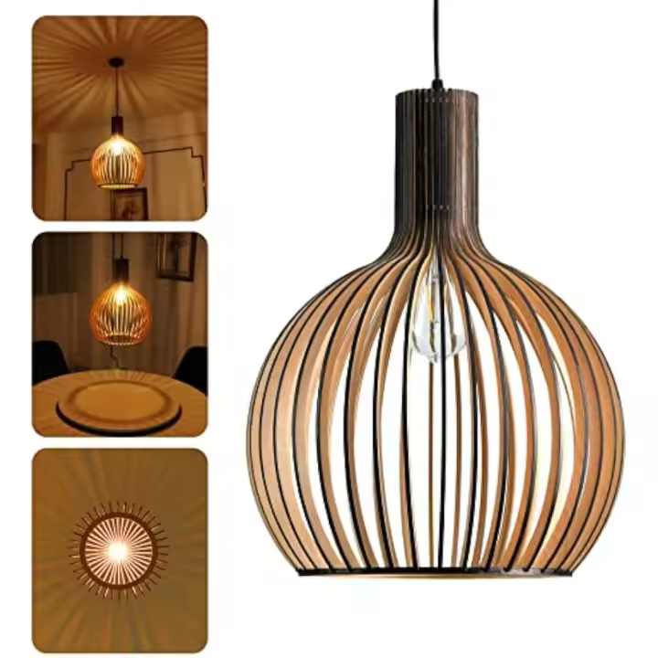 Lámpara Colgante Vintage, Natural Tejida Madera Luminaria Suspensión, Luces Colgantes Ajustables En Altura, Para Bar Café Loft Restaurante Sala De Estar (Negro,23×32CM) - 1