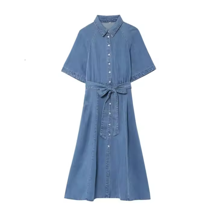 Vestido vaquero largo BUNO para mujer, primavera 2025, nuevo estilo elegante, cintura con correa, cuello camisero, trompeta. - 1