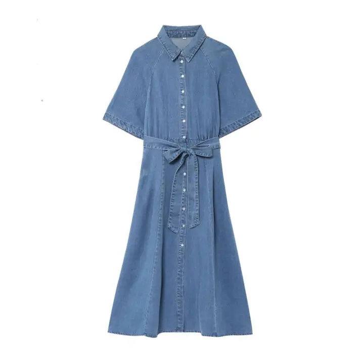 Vestido vaquero largo BUNO para mujer, primavera 2025, nuevo estilo elegante, cintura con correa, cuello camisero, trompeta. - 1