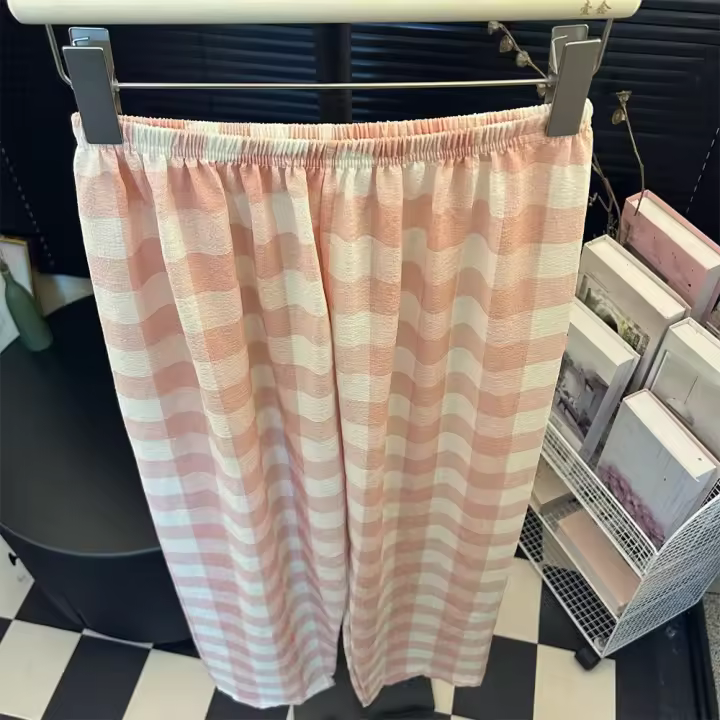 Pantalones largos informales dulces y elegantes para mujer, pantalones holgados a rayas a cuadros, pantalones de pierna recta, pantalones de pierna ancha de cintura alta para primavera y verano, para interiores y exteriores - 1