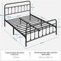 Cama Doble con Estructura Metálica Negra, Estructura Simple de Hierro para Colchón 140X200cm - details 1