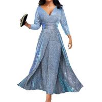 Vestido de manga larga con cuello en V y lentejuelas para mujer, mono con dobladillo grande - details 6