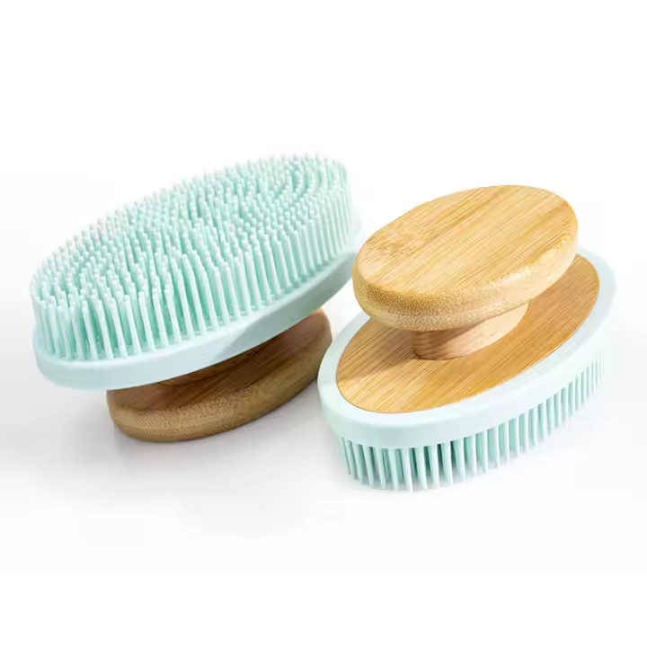Nuevo cepillo de baño de silicona mango de bambú cepillo de baño cepillo de limpieza cerdas suaves no dañan la piel cepillo de baño de madera de bambú - 1