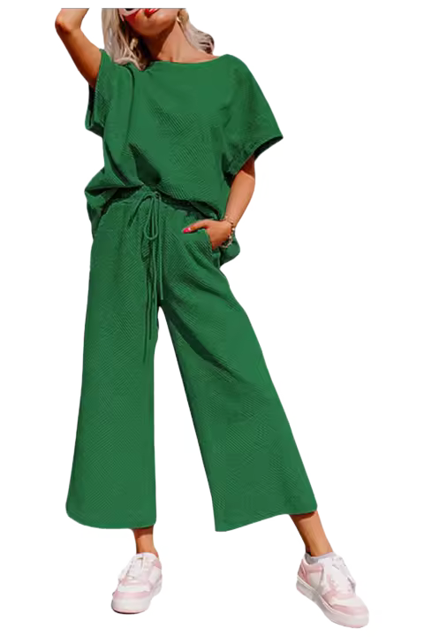 Elrachen Conjunto de camiseta holgada texturizada y pantalones con cordón para mujer, verde, tallas S-2XL - 1