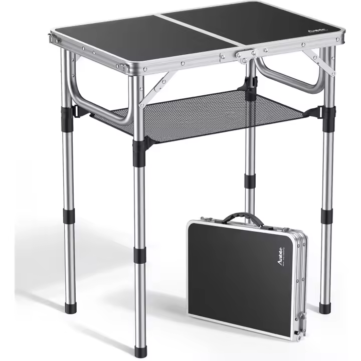 Mesa Plegable Camping 59x40x25.4/49.2/67cm Altura Ajustable Mesas de Acampada Portátil Mesa Playa Aluminio Impermeable Resistente a la Oxidación Negro para Terraza Playa Exterior - 1