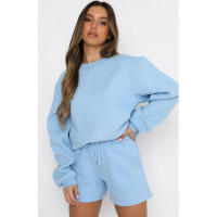 Wind Conjunto de pantalones cortos y sudadera con cuello redondo informal holgado de Color puro para mujer - details 45