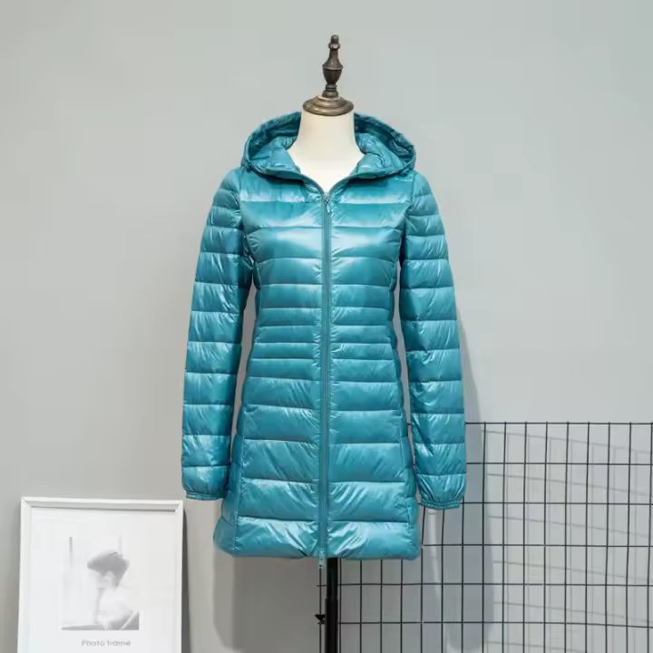 Chaqueta de Plumífero Cálido y Largo para Mujer con Capucha, Bolsa de Almacenamiento Portátil, Abrigo de Moda en Talla Grande - 1