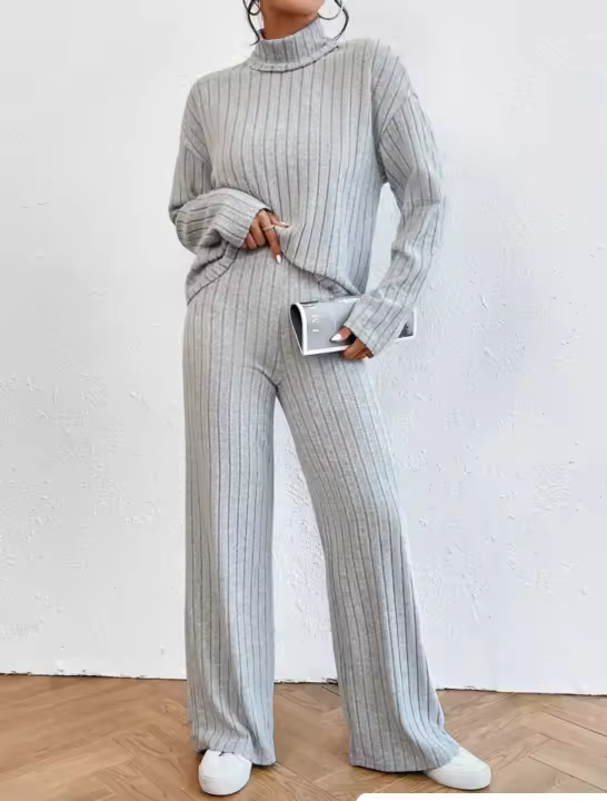 Conjunto de dos piezas de moda para mujer, top y pantalones informales con cuello alto para mujer - 1