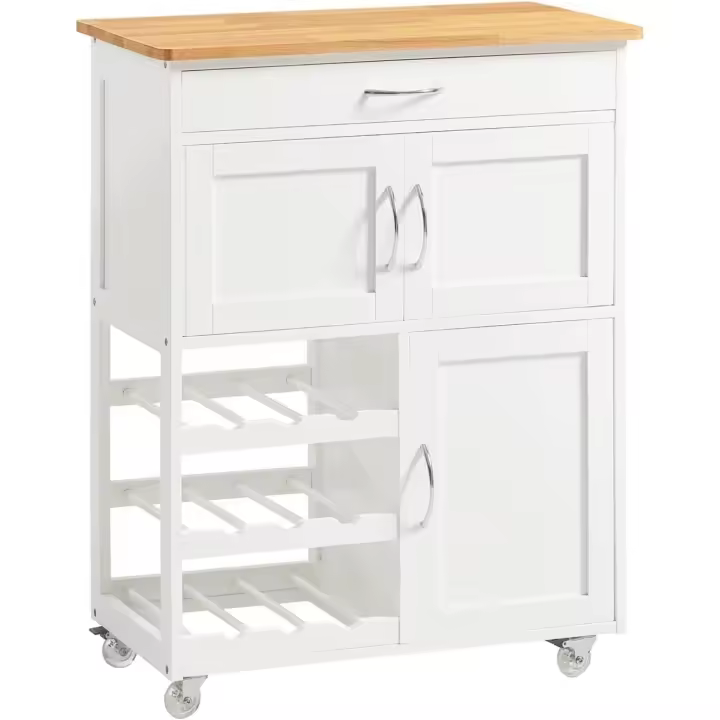 Mueble auxiliar de cocina con ruedas, mueble auxiliar de cocina con cajón, botellero y estantes, carrito de cocina multifuncional como mesa auxiliar para estantería de cocina, comedor y exteriores - Blanco - 1