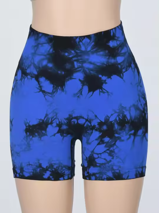 Pantalones cortos deportivos de cintura alta con pliegues y estampado Tie Dye para mujer, pantalones cortos informales ajustados, cómodos y transpirables sin costuras para entrenamiento de yoga y gimnasio - 1