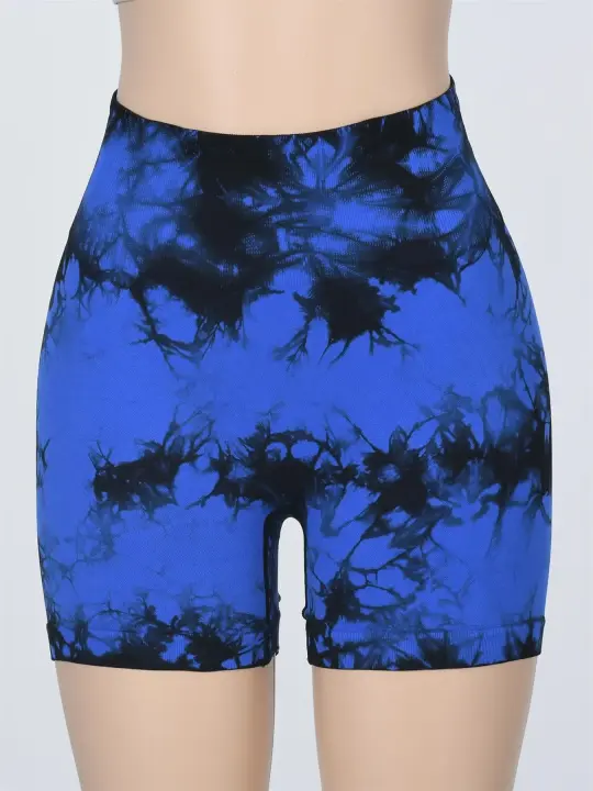 Pantalones cortos deportivos de cintura alta con pliegues y estampado Tie Dye para mujer, pantalones cortos informales ajustados, cómodos y transpirables sin costuras para entrenamiento de yoga y gimnasio - 1