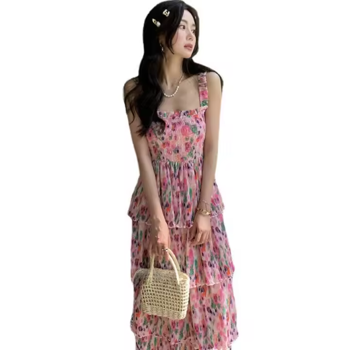 Vestido de vacaciones plisado elástico con estampado de flores de primavera y verano, falda rosa, vestido de playa con tirantes, vestido de isla - 1