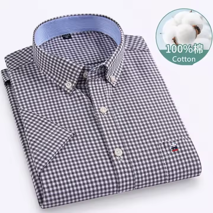 Camisa clásica de manga corta para hombre, camisa 100% algodón Oxford, informal, suave, a cuadros, a rayas, de negocios, ajustada, talla grande 7XL, 6XL - 1