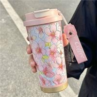 Termo portátil de acero inoxidable con diseño de flores, a prueba de fugas, capacidad de 500 ml, con pajita, doble pared, para viaje y uso en el coche. - details 3