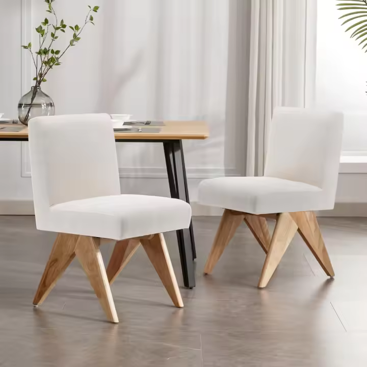 Juego de 2 sillas de comedor sin brazos, sillas de cocina rústicas con patas de madera maciza, sillas de salón tapizadas de chenilla para restaurante/habitación, beige - 1