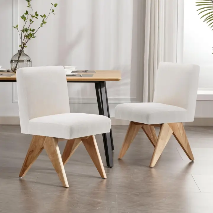 Juego de 2 sillas de comedor sin brazos, sillas de cocina rústicas con patas de madera maciza, sillas de salón tapizadas de chenilla para restaurante/habitación, beige - 1