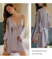 Grandeur Plus Size Sexy Color sólido Encaje Bordado Bata Cardigan Vestido de corte bajo Conjunto de ropa de descanso - details 23